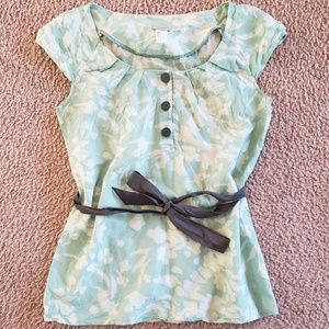 HM Teal Green White Blouse Shirt Flower Floral Gray Button Cute Short Sleeve Top